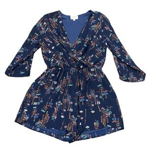 Everly Anthropologie Navy Blue Floral Bohemian Romper Size Medium